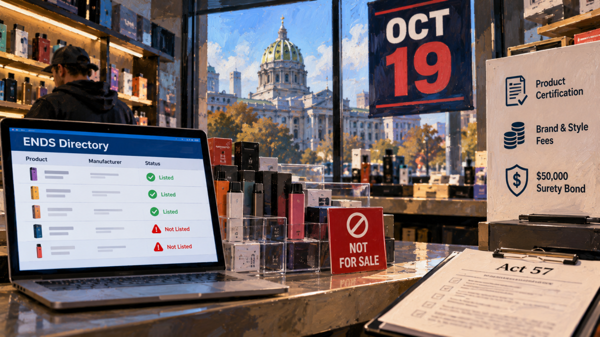 Pennsylvania Vape Directory Enforcement Starts Oct. 19, Barring Retail Sales of Unlisted Products