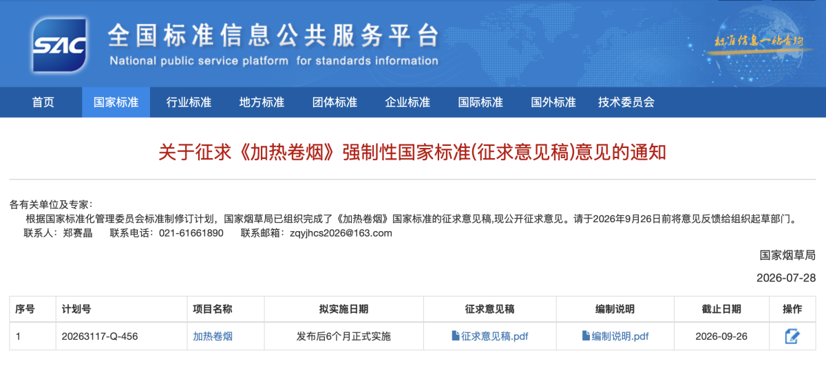 Special Report | China Opens Draft Mandatory Heated Cigarette Standard for Comment, Multiple Heating Technologies Remain in Scope