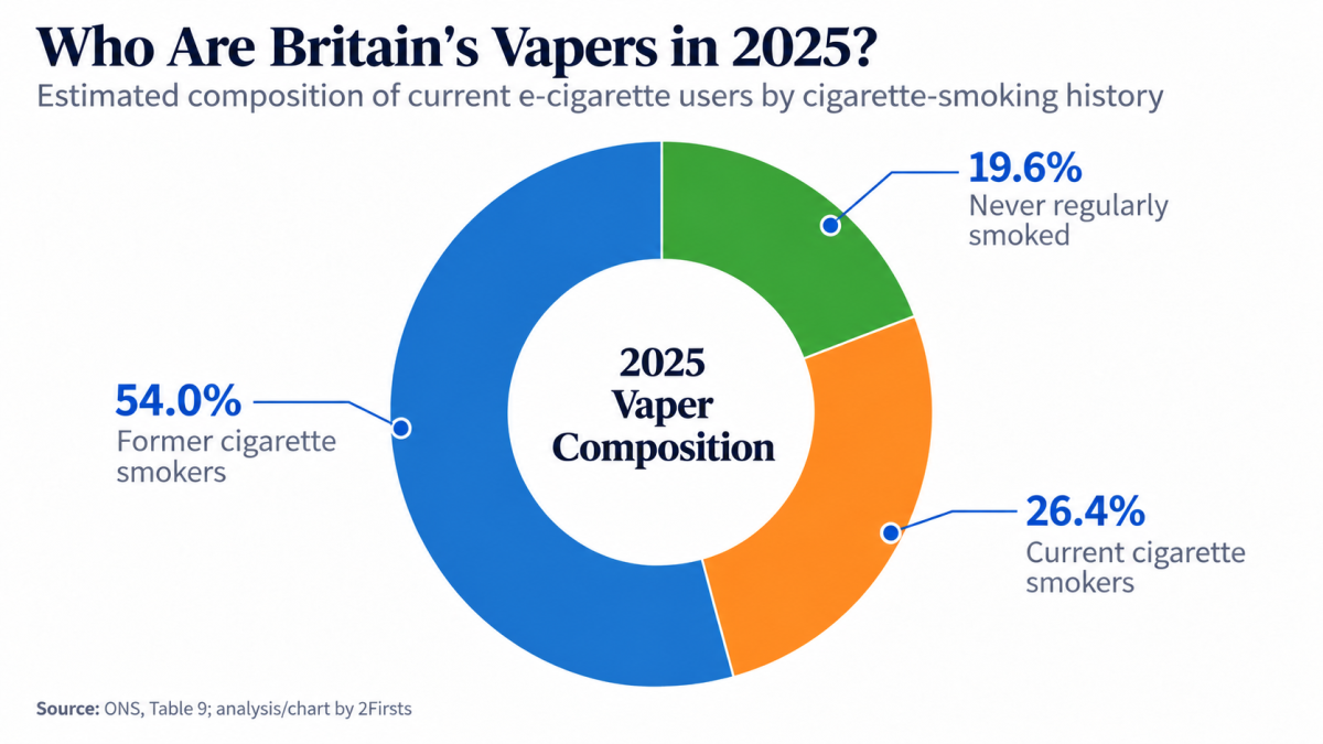 Latest UK ONS Data: 54% of Vapers Are Former Cigarette Smokers, 26% Also Smoke and 20% Never Smoked Regularly