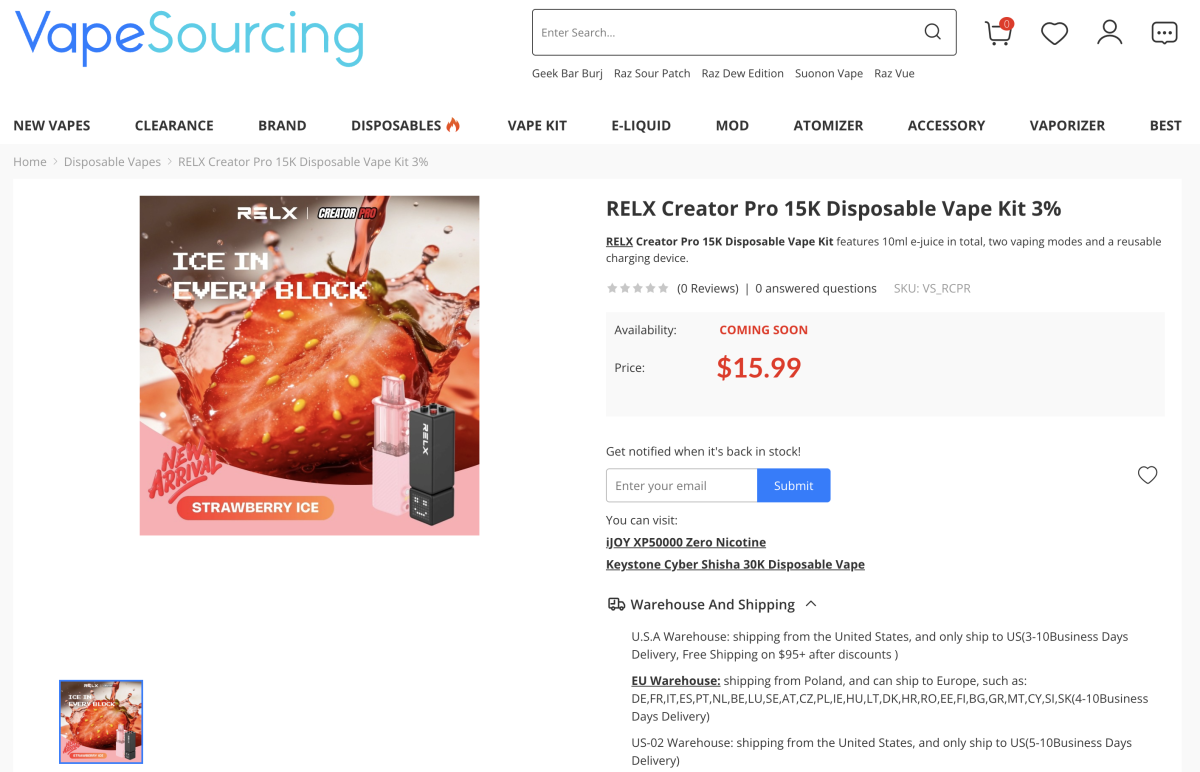 Vapesourcing Lists RELX Creator Pro 15K as “Coming Soon,” Shows U.S. Warehouse Shipping Options