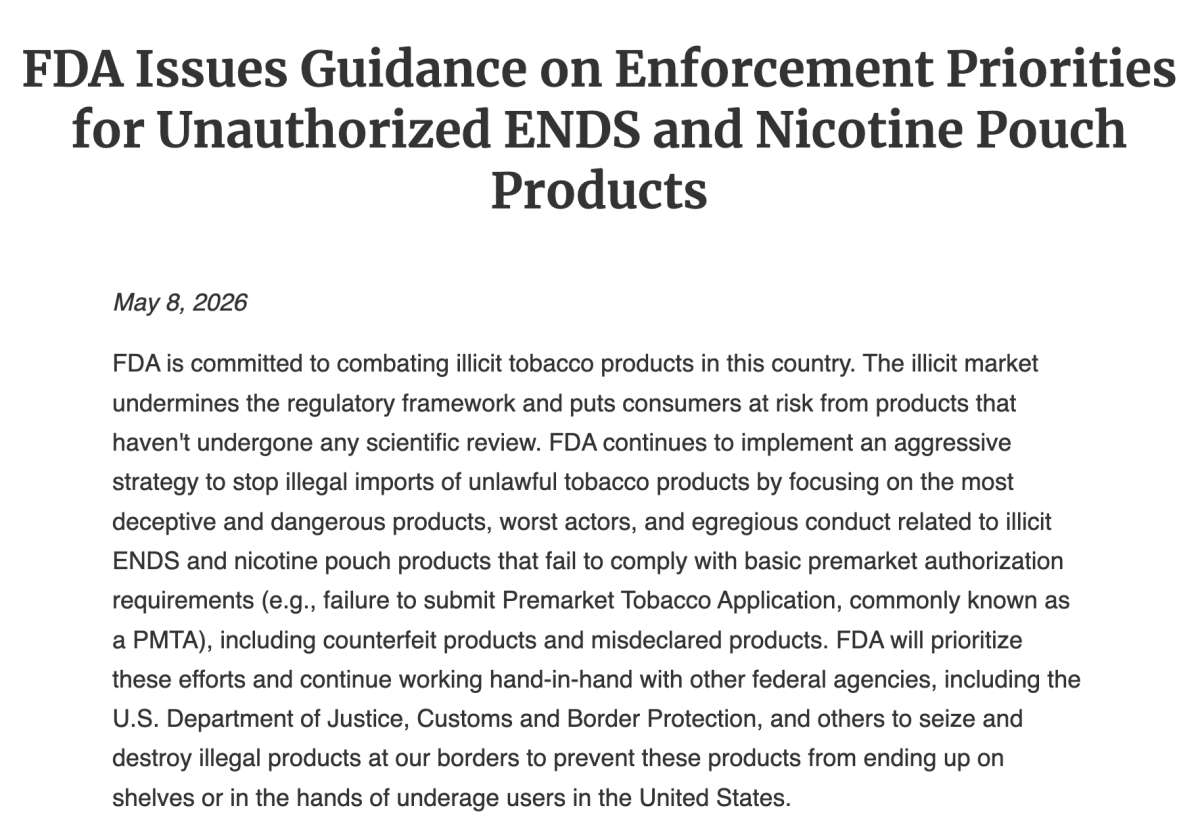 FDA Defines Enforcement Focus for Unauthorized E-Cigarettes and Nicotine Pouches