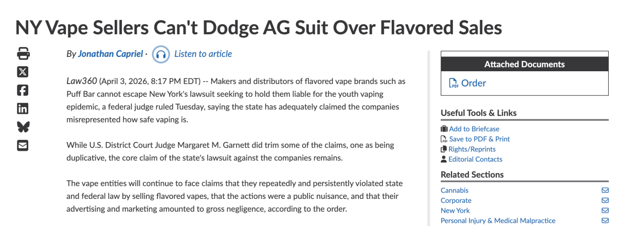 New York’s Lawsuit Against Puff Bar and Other Flavored Vape Companies Survives Key Court Challenge