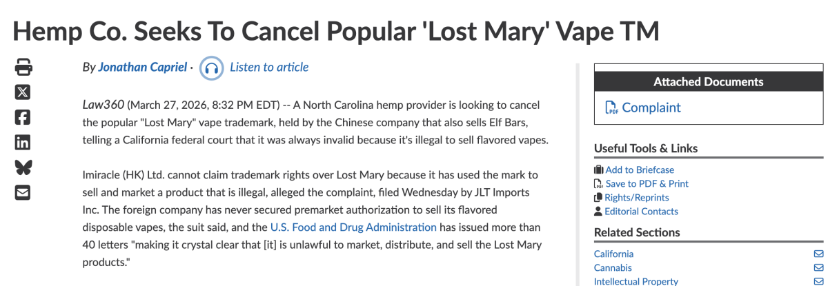 U.S. Company Seeks Cancellation of “Lost Mary” Vape Trademark