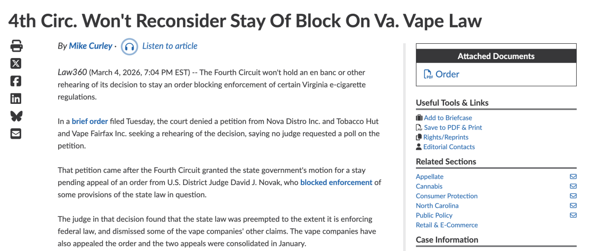 Fourth Circuit denies rehearing bid over stay allowing Virginia e-cigarette rules to be enforced