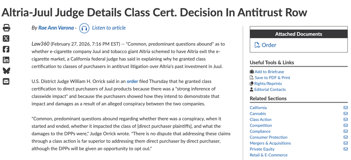 California federal judge certifies direct purchaser class in Juul–Altria antitrust litigation