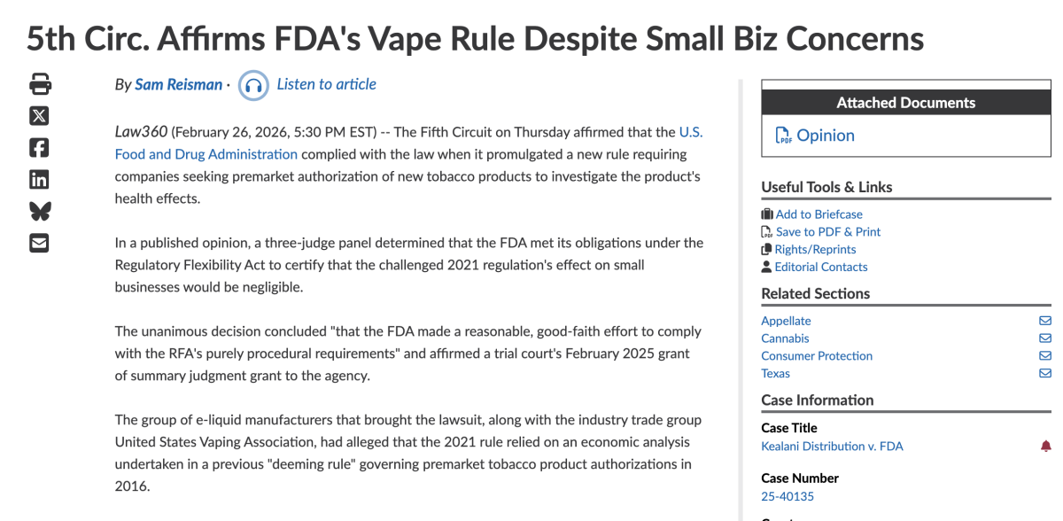 Fifth Circuit Upholds FDA’s 2021 PMTA Rule, Citing Statutory Health-Study Requirements