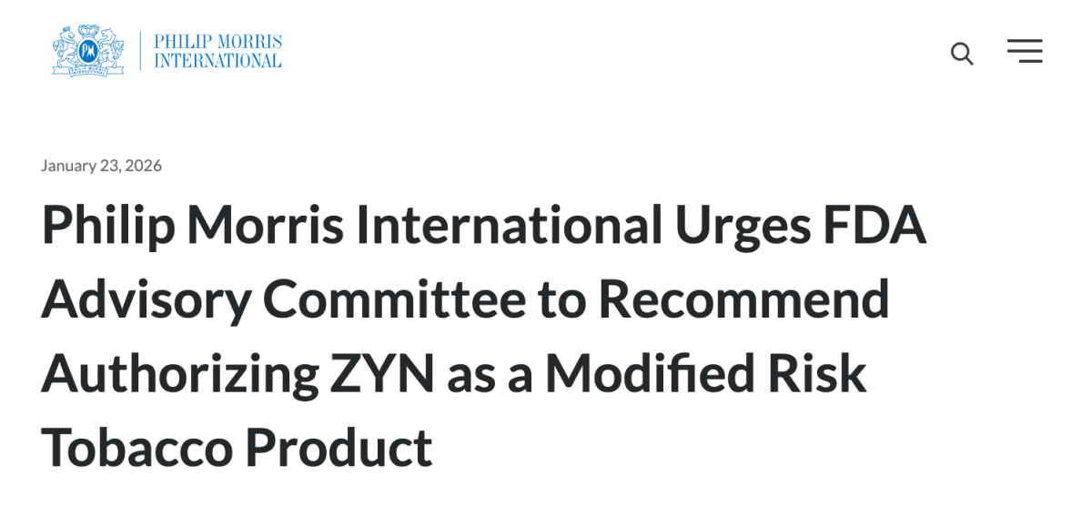 PMI says it submitted evidence to FDA panel backing ZYN bid for modified-risk status