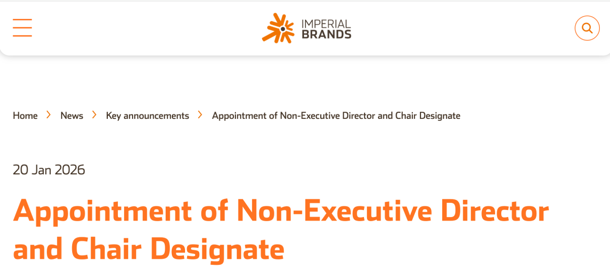 Imperial Brands names John Rishton chair-designate, to take over as chair in December 2026