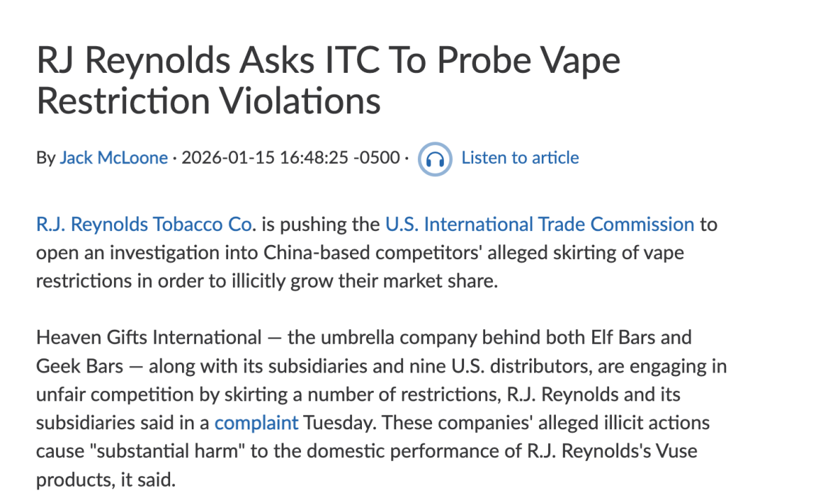 RJ Reynolds asks ITC to investigate alleged vape restriction violations by Heaven Gifts network
