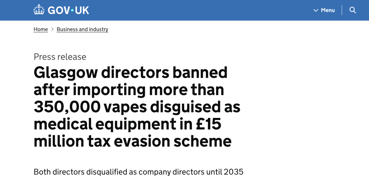UK Directors Banned After 352,688 Vapes Imported From China Were Misdeclared as Medical Nebulizers in £15 Million Tax Case